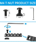 Diagram of measurements for Go To All In One 24 Piece M5 T Nuts And Screws Kit With hex wrench for M Lok rail setup.