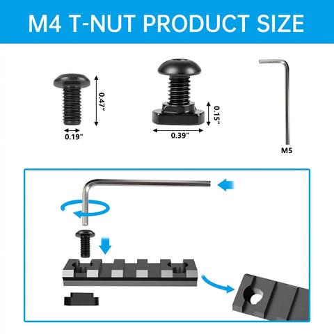 Diagram of measurements for Go To All In One 24 Piece M5 T Nuts And Screws Kit With hex wrench for M Lok rail setup.