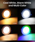 Dope Low Profile 4 Inch RGB CW LED Recessed Light demonstrating color options and brightness levels, including warm and cool whites, multicolor.