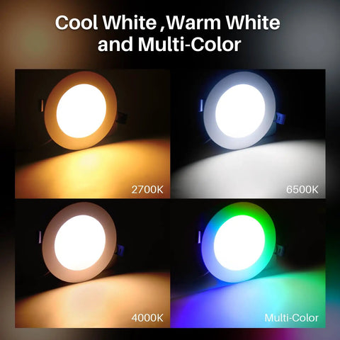 Dope Low Profile 4 Inch RGB CW LED Recessed Light demonstrating color options and brightness levels, including warm and cool whites, multicolor.