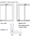 Sliding Door Foot Lock Kick Lock for Patio Doors and Windows installation diagram, showing full lock and partial lock positions.