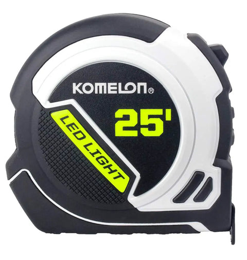 Rechargeable LED Light Tape Measure 25ft 1 Inch Tape With Slimline Case showing LED indicator and 25' marking