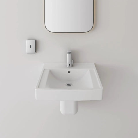 Modern white bathroom sink with wall-mounted mirror and soap dispenser
