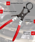 Hose Clamp Pliers for Automotive Use With Swivel Flat Band and Carbon Steel Construction in front of a car engine.