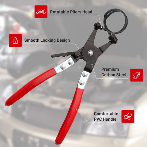 Hose Clamp Pliers for Automotive Use With Swivel Flat Band and Carbon Steel Construction in front of a car engine.
