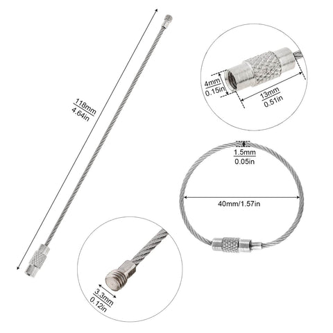 Diagram of Stainless Steel Wire Key Ring Cables 25 Pack, 4.6 Inch Loops, showing dimensions and braided texture details.