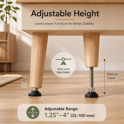 20 Degree Swivel M10 Threaded Beefy Heavy Duty Furniture Leg Levelers With T Nuts 4.1 Inch Height 1.54 Inch Base 132 Lbs Per Leg Adjustable Leveling Feet For Cabinets And Tables, showing adjustable height on wooden furniture legs.