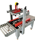 Full Automatic Double Flap Case Sealer Tape Machine For Folding Cartons Adjusts From 3.15 To 19.68 Inches Wide And High works with BOPP PVC tape, showing grey metal and red accents.