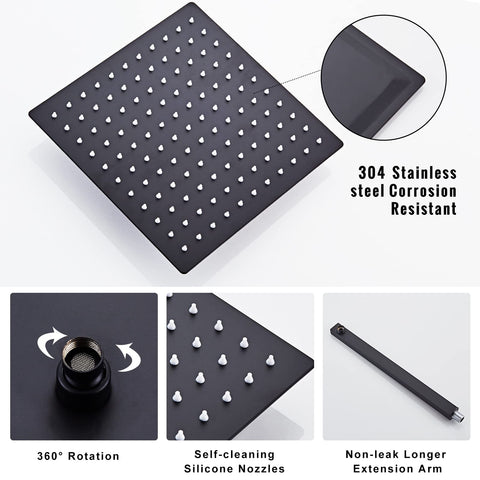Matte Black 10 Inch Rainfall Square Shower Head System With Multi Function Wall Mounted Trim Kit Easy Install, anti-corrosion features
