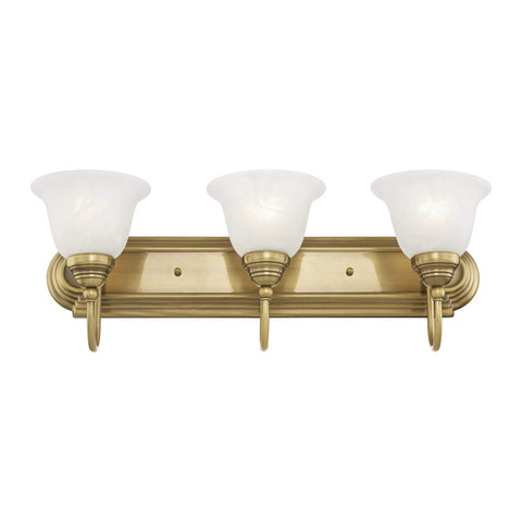 Antique Brass Bath Vanity Light With White Alabaster Glass Shades 24 Inch Wide Eight And A Half Inch Deep Four Point Seven Five Inch Back Plate Classic Steel Build Model 1003 01 Perfect For A Bright Modern Meets Vintage Bathroom Vibe