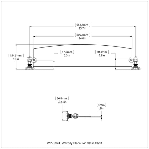 Blueprint of Waverly Place 24 Inch Glass Shelf In Brushed Bronze Finish, Heavy Duty One Quarter Inch Thick Glass, Solid Brass Construction.