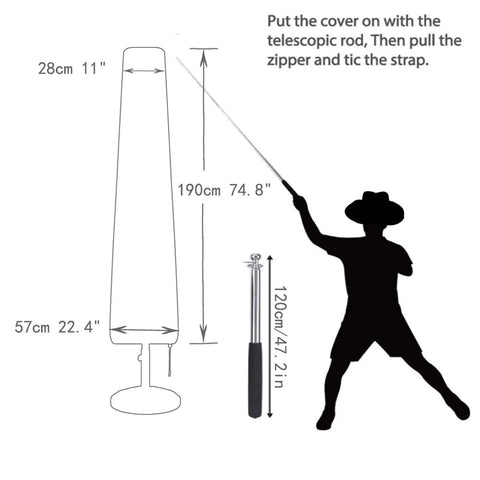 Diagram showing 7 to 9 ft Waterproof Patio Umbrella Cover with push rod; dimensions 74.8in height, 11in top, 22.4in bottom.