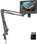 4K 30FPS HDMI Digital Microscope With 10.1 Inch Screen And Flexible Arm Stand For Electronics Soldering And PCB Inspection, Pro Grade 1500X Magnification, Coins And PC View, 64GB Storage LM208S-A with arm stand and display showing circuitry