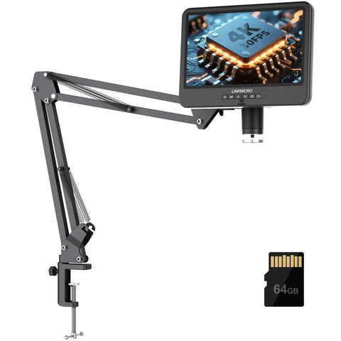 4K 30FPS HDMI Digital Microscope With 10.1 Inch Screen And Flexible Arm Stand For Electronics Soldering And PCB Inspection, Pro Grade 1500X Magnification, Coins And PC View, 64GB Storage LM208S-A with arm stand and display showing circuitry