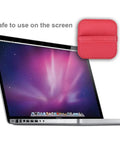 Laptop with 4 Pack Elastic Strap Screen Cleaning Pads With Soft Cloth Wipes For All Screens Including iPad iPhone MacBook Tablet Laptop TV Camera Color Mixed Super Handy For Travel And Everyday Use shown in red.