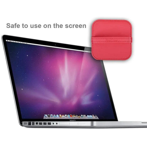 Laptop with 4 Pack Elastic Strap Screen Cleaning Pads With Soft Cloth Wipes For All Screens Including iPad iPhone MacBook Tablet Laptop TV Camera Color Mixed Super Handy For Travel And Everyday Use shown in red.