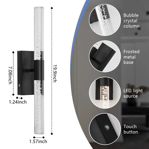 Crystal Battery Operated Wall Sconce Set of 2,Rechargeable Wall Sconces with Remote Control,Modern Black Bathroom Vanity Light fixtures,Wireless Dimmable Wall Lights for Bedroom Living Room Hallway close-up showing bubble crystal column design and metal base.
