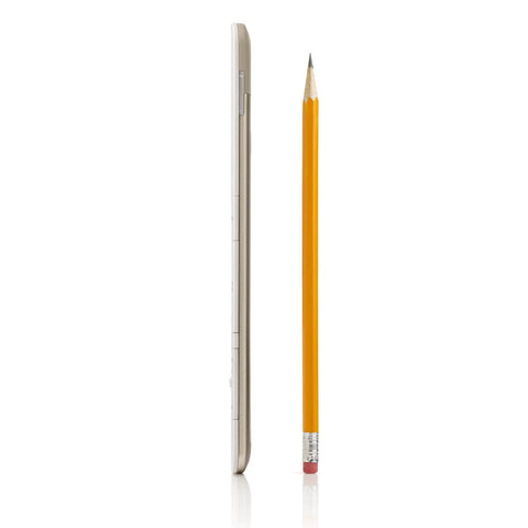 Sleek White Second Gen Ereader Features A Sharp Six Inch Screen And Free 3G Wireless To Pull Down Books Anywhere, side view next to a pencil.