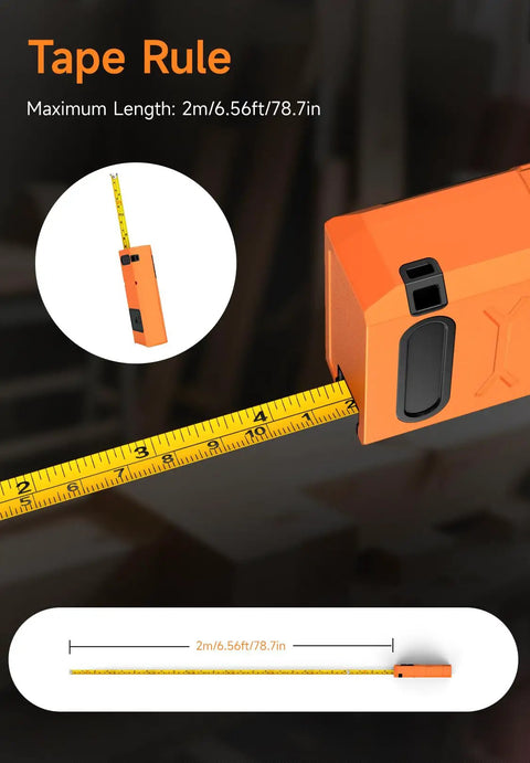 60m Laser Distance Measure With Backlit Screen And Cross Laser, Digital Tape Conversion, 196ft Range, Electronic Angle And Area Volume Calculator For DIY Renovations And Pro Jobs, Shop Ready And Handy orange tape measure with 2m tape
