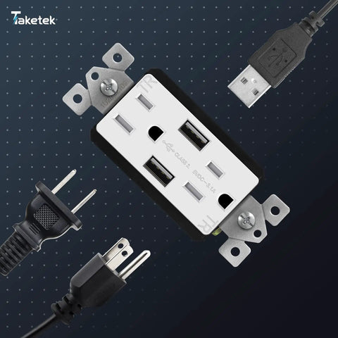 USB Wall Outlet With Turbo Fast Charging USB Ports, 15 Amp Tamper Resistant Receptacle, visible with power cables