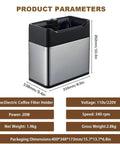 Automatic Portafilter Cleaner Machine Electric Espresso Knock Box For Chomping Coffee Pucks Fast With Durable Stainless Steel Finish side view with dimensions and specifications.