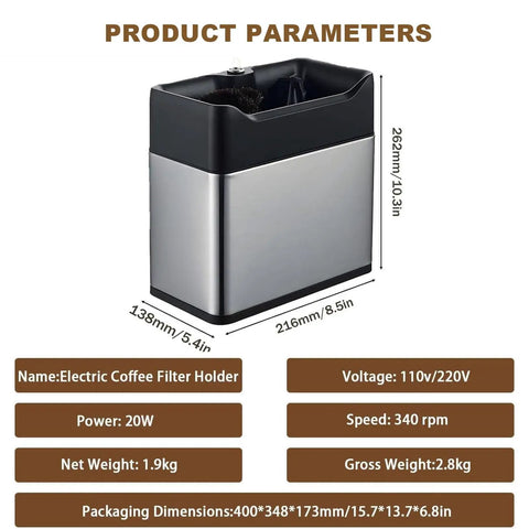 Automatic Portafilter Cleaner Machine Electric Espresso Knock Box For Chomping Coffee Pucks Fast With Durable Stainless Steel Finish side view with dimensions and specifications.