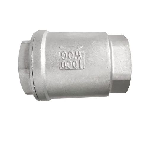 Side view of inline 304 stainless steel check valve with hex end fittings.