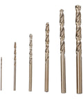 Front view: 6-piece cobalt drill bit set with HSS 135° split point and round shank for stainless and hardened steel