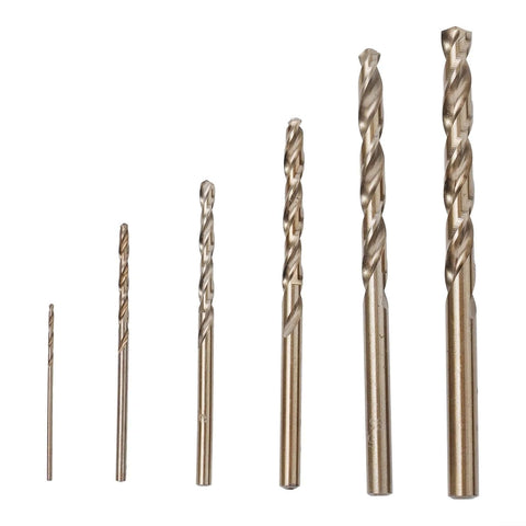 Front view: 6-piece cobalt drill bit set with HSS 135° split point and round shank for stainless and hardened steel