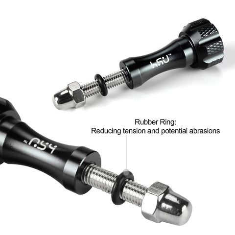 Close-up of Go To Aluminum Thumbscrew Set With Wrench For GoPro Hero And AKASO Campark Action Cameras, 3 Pack Black With O Rings.