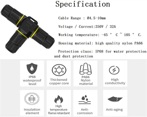 IP68 Weatherproof 3 Way Junction Box For Outdoor And Underground Use, 3 Pin Electrical Connector, PA66 Housing Specifications