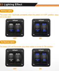 2 Gang Rocker Switch Panel SPST On Off Toggle With Laser Pattern, 5 Pin, Aluminum Plate, Pre Wired Jumper Wires, 12V 20A And 24V 10A, Plug And Play Harness, Great For LED Light Bar, RV, Boats, 4x4, Cars, Blue showing LED on/off states