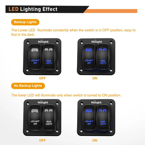 2 Gang Rocker Switch Panel SPST On Off Toggle With Laser Pattern, 5 Pin, Aluminum Plate, Pre Wired Jumper Wires, 12V 20A And 24V 10A, Plug And Play Harness, Great For LED Light Bar, RV, Boats, 4x4, Cars, Blue showing LED on/off states