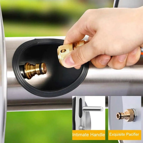 Heavy Duty Stainless Steel Garden Hose Reel Trolley With Easy Spin Crank And Sturdy Wall Mount For Zero Fuss Outdoor Coiling showing gold connector in use.