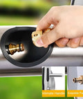 No Sweat Stainless Steel Garden Hose Reel With Quick Crank Rewind For Wall Mount Setup And Forty Meter Hose Storage, showing brass connector and handle.
