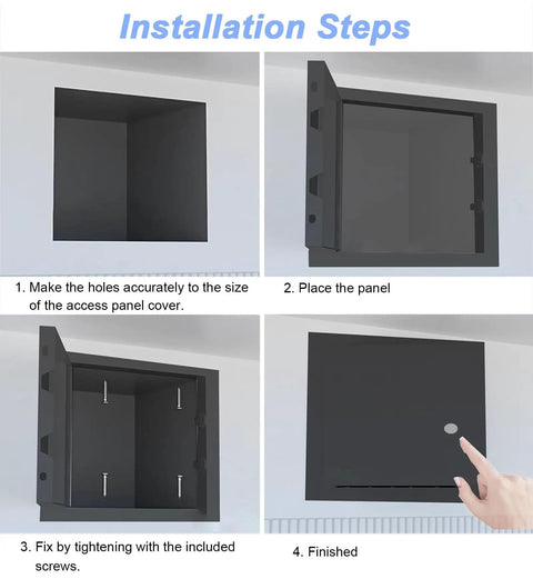 Installation steps for Custom Sized Black Drywall Access Panel With Slick Touch Latch And Heavy Duty Aluminum Frame for quick flush setup.