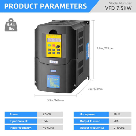 Beefed Up Seven Point Five KW VFD Variable Frequency Drive 220V 35A for CNC Spindle Speed Control with dimensions and specs