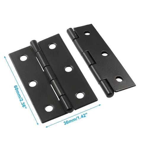 Top Tier Black Metal Butt Hinges, Smooth Folding Action Measures Two Point Three Six By One Point Four Two Inches, showing dimensions.
