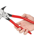 Person holding 10-1/2 Inch Fencing Pliers With Staple And Nail Puller And Wire Splicer For Fence Installations Heavy Duty Pry Tool