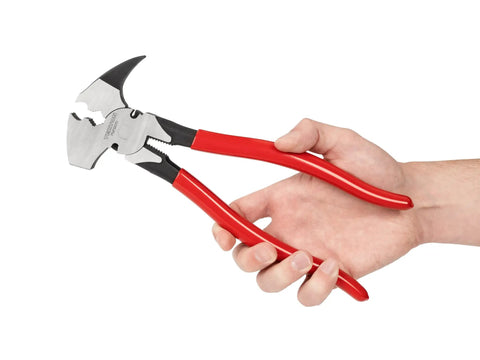 Person holding 10-1/2 Inch Fencing Pliers With Staple And Nail Puller And Wire Splicer For Fence Installations Heavy Duty Pry Tool