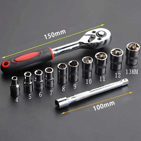 Socket Set Extension Rod And Hex Wrench Ratchet Tool Kit For Quick Auto Repairs Multi Function Hand Tools Small Ratchet Sleeve 15Cm Length Easy Tightening And Loosening For Car Maintenance showing a ratchet and sockets.