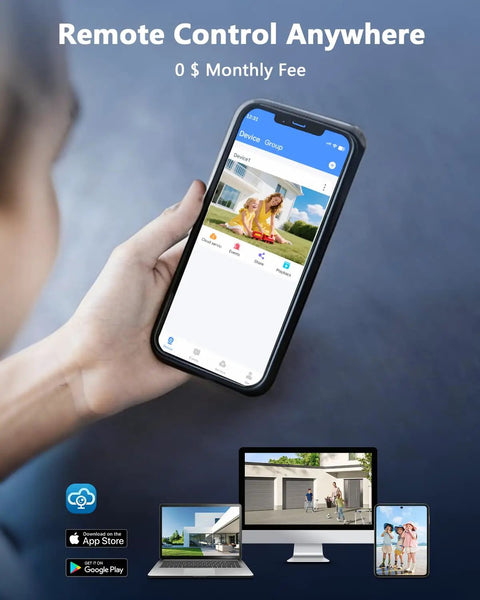 Person using app for 5MP Wired CCTV Camera System With 122 Degree Wide Angle 4 Channel DVR Kit With Monitor IP66 Indoor Outdoor Cameras 65 Foot IR Night Vision Free App No Subscription Fee Remote Access