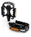 One Piece CNC Aluminum MTB Pedal With Boron Axle And Ball Bearings, 101mm By 67mm Platform, dual reflectors, angled view