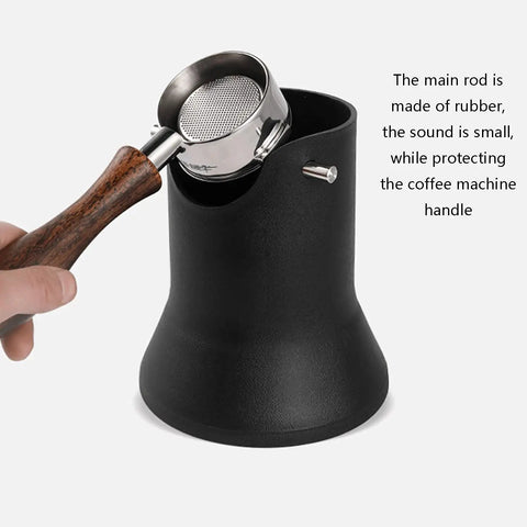 Solid Daily Driver Coffee Knock Box Equipped With Silent Rubber Tamper Rod and Impact Resistant ABS Body next to a metal portafilter.