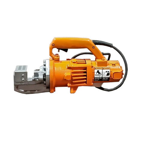 Portable Electric Hydraulic Rebar Cutter Cuts 3/4 Inch Grade 60 Rod In Seconds Heavy Duty Steel Reinforcing Bar Tool For Contractors Fast Clean Cuts DC-20WH Series side view showing orange motor and cutting head.