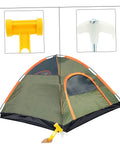 Glow In The Dark Tent Pegs Kit With Hammer And 5M Rope, 10 Steel Stakes for camping, hammer and peg detail shown securing a tent.