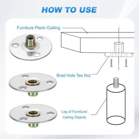 Rock Solid M8 Brad Hole T Nuts With Heavy Duty 2.8 Inch Round Base Weld Nuts and Secure Flange Insert shown with furniture mounts.
