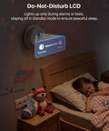 Do-Not-Disturb LCD on a smoke detector beside a sleeping child, ensuring peaceful sleep with Six Pack Wireless Smoke And Carbon Monoxide Detector Combo Features A Decade Long Sealed Battery And Top Notch Interconnection For No Hassle Home Protection And Totally Secure Family Living.