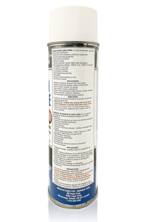 Back view of High Temp Boron Nitride Spray For Rugged Heat, Aerosol Lubricant And Dry Film Coating, 13 oz can with instructions.