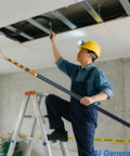 Heavy Duty 19.6ft Telescopic Cable Pulling Pole Made From High Density Carbon Fiber used by electrician on ladder.